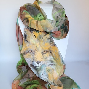 Etole mousseline de soie peinte à la main - Motif renard roux - Echarpe été femme- Renard peint main - Cadeau original pour elle