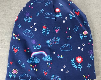 Mütze Kinder Beanie zum Wenden Mädchen Dunkelblau Baby handmade Regenbogen Blumen Wolken Sterne Herz girl