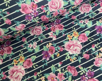 Beautiful, Warm Sweat Fabric Sweat Fabric by Miss by Julie Autumn/ Winter Roses Flowers Dark Blue Girl Blue Dark Blue Pink