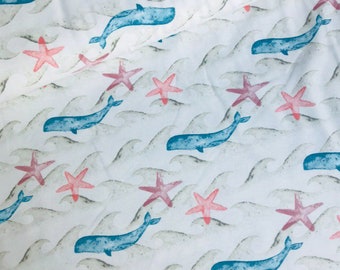 Organic fabric organic cotton jersey children's fabric whale whales waves starfish stars beige blue fabric meterware