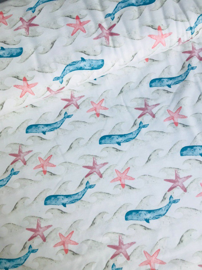 Organic Stoff Biobaumwolle Jersey Kinderstoff Wal Wale Wellen Seesterne Sterne beige blau fabric Meterware Bild 1