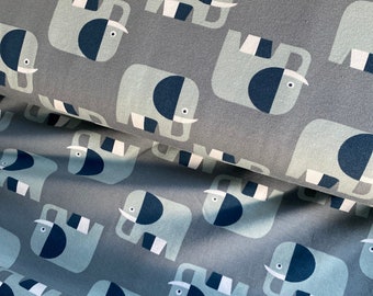 Organic Fabric Organic Cotton Jersey Children's Fabric Elephant Grey Blue Dark Blue White Organic Jersey Young Girls