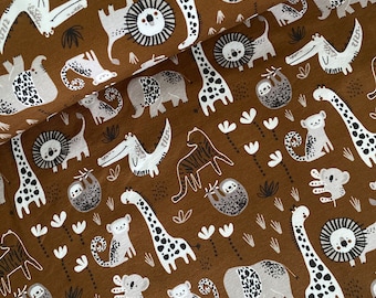 Jersey children's fabric Miss by Julie zoo animals elephant giraffe lion sloth brown rust colored fabric boy girl children fabric Jazzmins