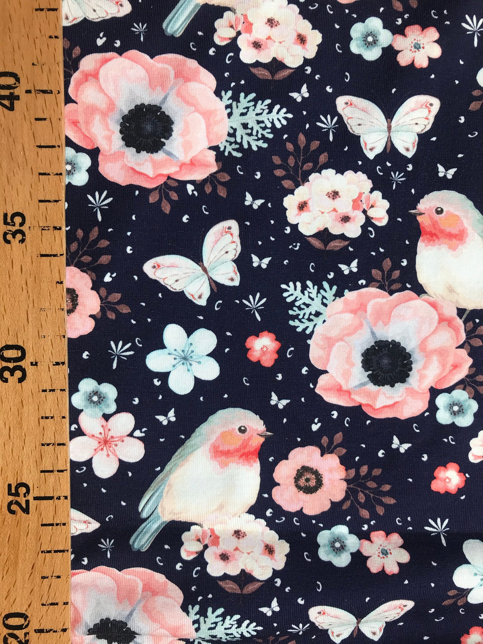 Jersey fabric girl Lady of Julie flowers birds pink blue white bird