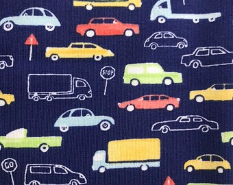 Jersey children's fabric vehicles cars car dark blue blue light blue red turquoise yellow boy girl baby fabric