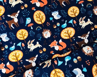 Jersey children's fabric Miss by Julie forest animals blue dark blue brown orange deer fox rabbit owl raccoon trees leaves colorful fabric fabric