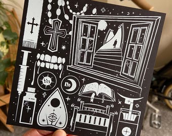 The Exorcist Art Print: Horror, White ink on black card