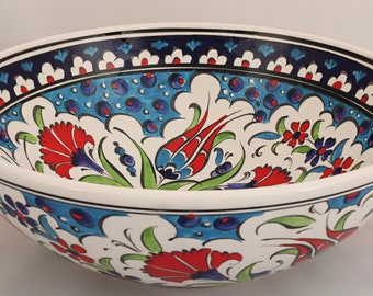 Handmade Handpainted Turkish Ottoman Fine Art Ceramic Bowl 10.2" Diameter