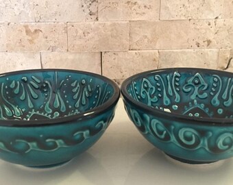 Handmade Turkish Ottoman Ceramic Colourful 2 Pieces Nut Bowls 8cm Diameters
