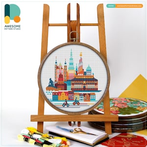 Copenhagen, Denmark, Europe Cross Stitch Pattern and Kit - Modern Embroidery Sampler and PDF for Needlework Art Enthusiasts, CS917