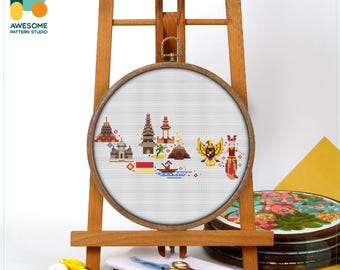 Indonesia Icons Cross Stitch Pattern and Kit  Modern Cross Stitch and Embroidery Sampler for Unique Needlework Art, CS847