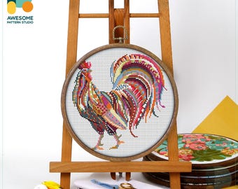 Mandala Rooster Cross Stitch Pattern and Kit: Modern Needlework Art with PDF Pattern and Embroidery Sampler, CS275