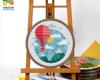 Mountain Balloon Ride Cross Stitch Pattern and Kit: Modern Needlework Art, Simple Cross Stitch Embroidery Sampler, CS505