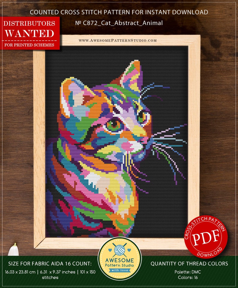 Cat, Abstract Animal #P872 Cross Stitch Pattern Embroidery PDF Pattern ...