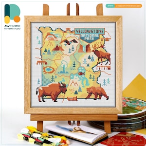 Yellowstone National Park Map CS2664, Counted Cross Stitch Pattern KIT and PDF | Embroidery Pdf Pattern Download | Cross Stitch Kits