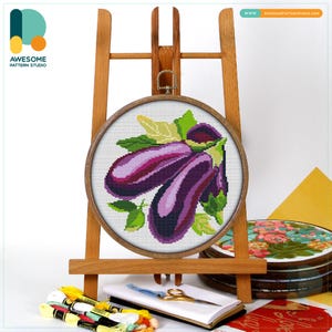 Aubergine Eggplant Cross Stitch Pattern and Kit: Modern Needlework Art and Funny Embroidery Sampler, CS1026