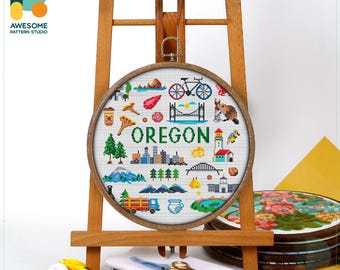 Oregon, USA Collection Cross Stitch Pattern and Kit: Modern Needlework Art with PDF Pattern and Embroidery Sampler Charm, CS1842