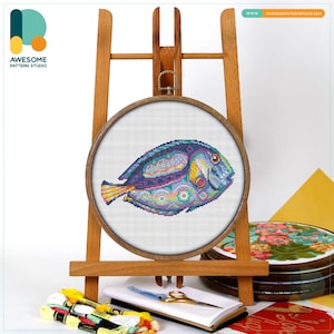 Blue Tang Cross Stitch Pattern and Kit: Modern Needlework Art with PDF Pattern and Hoop Art Option, CS1316