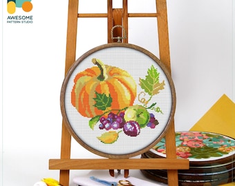 Pumpkin and Fruits Cross Stitch Pattern and Kit - Modern Cross Stitch and Needlework Art for Autumn Decor, CS1004