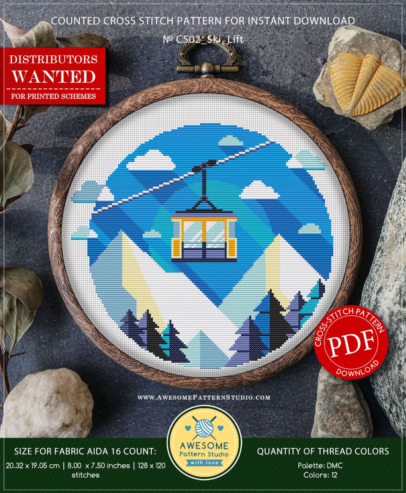Ski Lift #P502 Cross Stitch Embroidery Pattern Instant Download | Cross ...