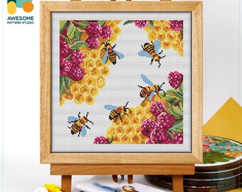 Bees and Honeycomb Cross Stitch Pattern and Kit - Modern Needlework Art with PDF Pattern and Hand Embroidery Sampler, CS2607