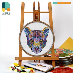 Mandala Panther Cross Stitch Pattern and Kit: Modern Needlework Art with PDF Pattern and Hoop Art Embroidery Sampler, CS243