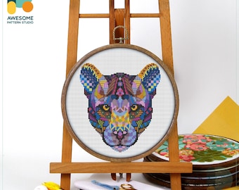 Mandala Panther Cross Stitch Pattern and Kit: Modern Needlework Art with PDF Pattern and Hoop Art Embroidery Sampler, CS243