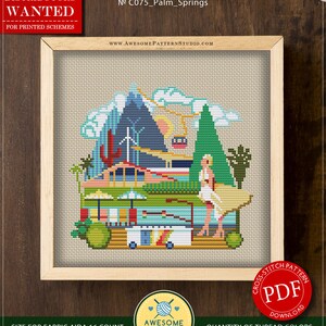 May include: Counted cross stitch pattern for instant download, titled "C075_Palm_Springs". The pattern depicts a colorful scene of palm trees, mountains, a beach, and a person surfing. The pattern is 95 stitches wide by 86 stitches tall, and requires 18 colors of DMC thread.