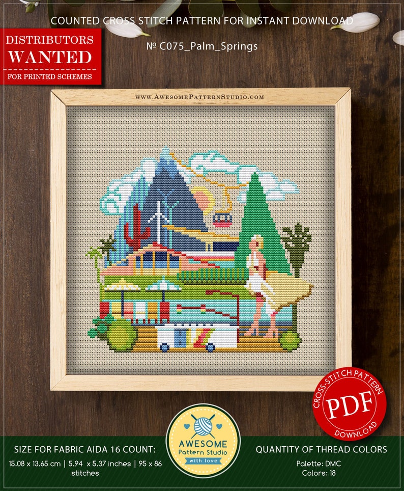 May include: Counted cross stitch pattern for instant download, titled "C075_Palm_Springs". The pattern depicts a colorful scene of palm trees, mountains, a beach, and a person surfing. The pattern is 95 stitches wide by 86 stitches tall, and requires 18 colors of DMC thread.