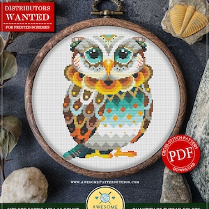 Pode incluir: Padrão de ponto cruz contado para download instantâneo, com um design de coruja mandala colorido. O padrão é para tecido Aida de 16 fios, mede 11,43 x 15,88 cm e utiliza 20 cores DMC.