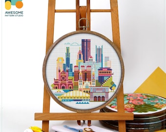 Pittsburgh, USA, America Cross Stitch Kit and Pattern - Modern Embroidery Sampler and Needlework Art for Unique Hoop Art, CS091