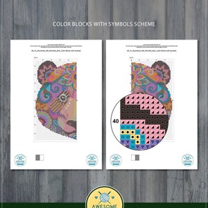 Op de afbeelding: Een PDF-bestand dat een kleurblokpatroon voor een mandala-beerontwerp laat zien. Het ontwerp wordt weergegeven in een raster met symbolen die verschillende kleuren voorstellen. De kleurcode wordt weergegeven in een cirkel met 40 kleuren.