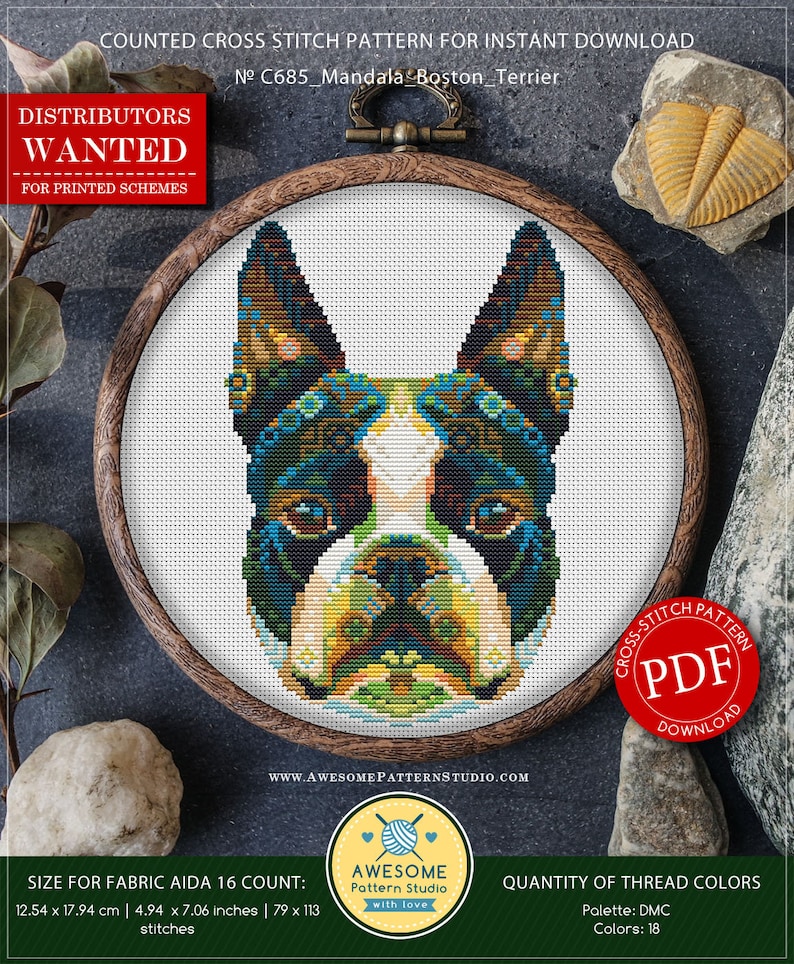 Mandala Boston Terrier P685 PDF Cross Stitch Pattern PDF Etsy UK