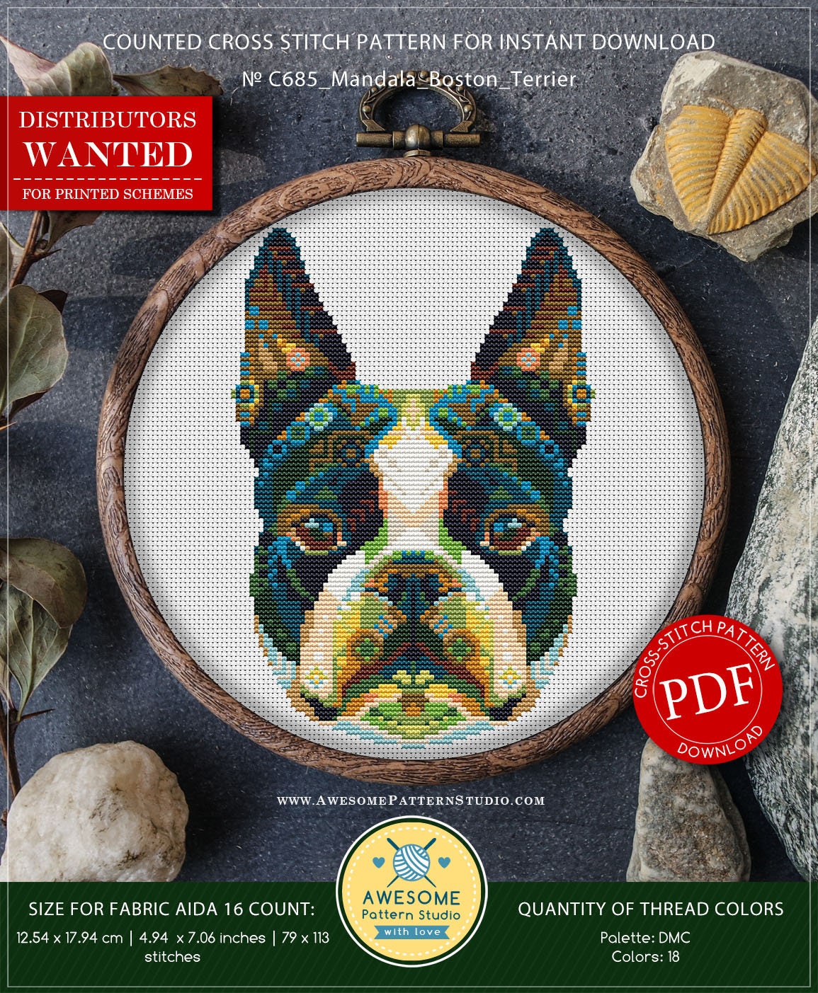 BOSTON TERRIER BOOKMARK PDF file Cross Stitch Chart BOSTON TERRIER BOOKMARK PDF file Cross Stitch Chart