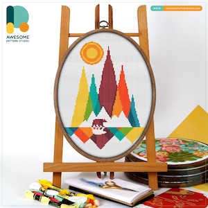 Colorful Mountains Cross Stitch Pattern and Kit - Modern Needlework Art with PDF Pattern and Hand Embroidery Elements, CS495