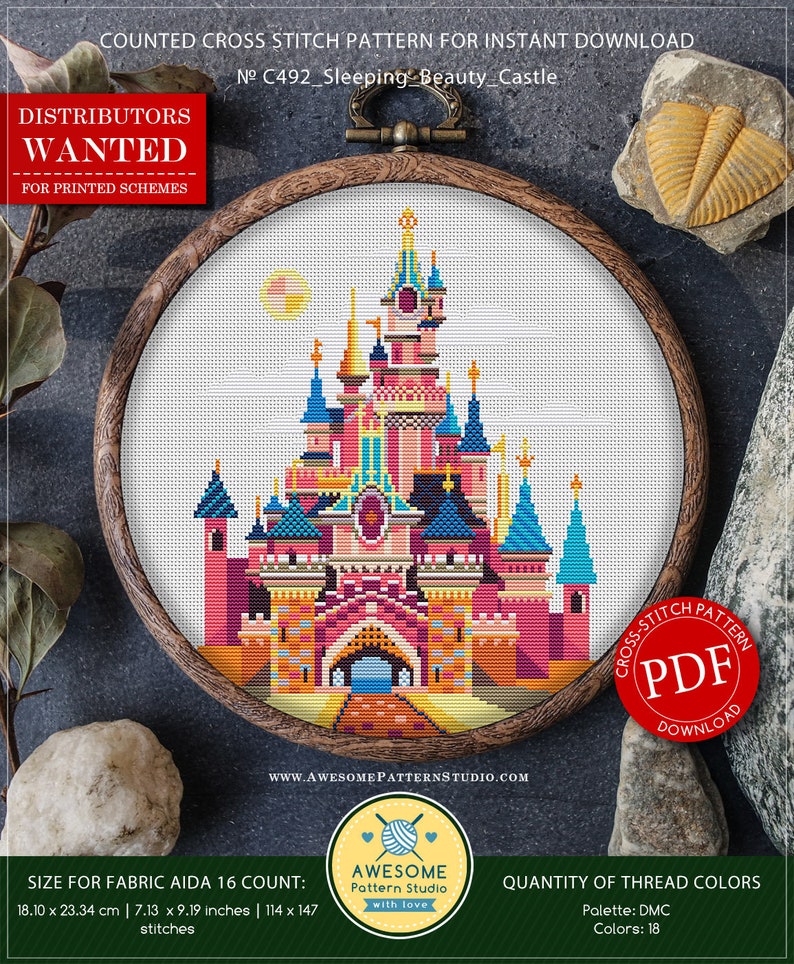 Sleeping Beauty Castle P492 Cross Stitch Embroidery Pattern Instant Download Cross Stitch Patterns Embroidery Kits Stitch Design image 1