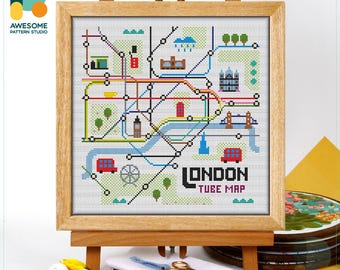London Tube Map Cross Stitch Pattern & Kit: Modern Needlework Art and Embroidery Sampler for Unique Hoop Art, CS3172