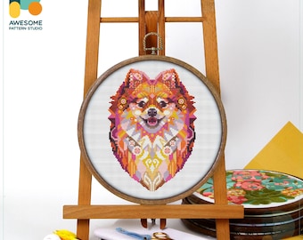Mandala Pomeranian Cross Stitch Pattern and Kit - Modern Hoop Art for Needlework Lovers, CS528