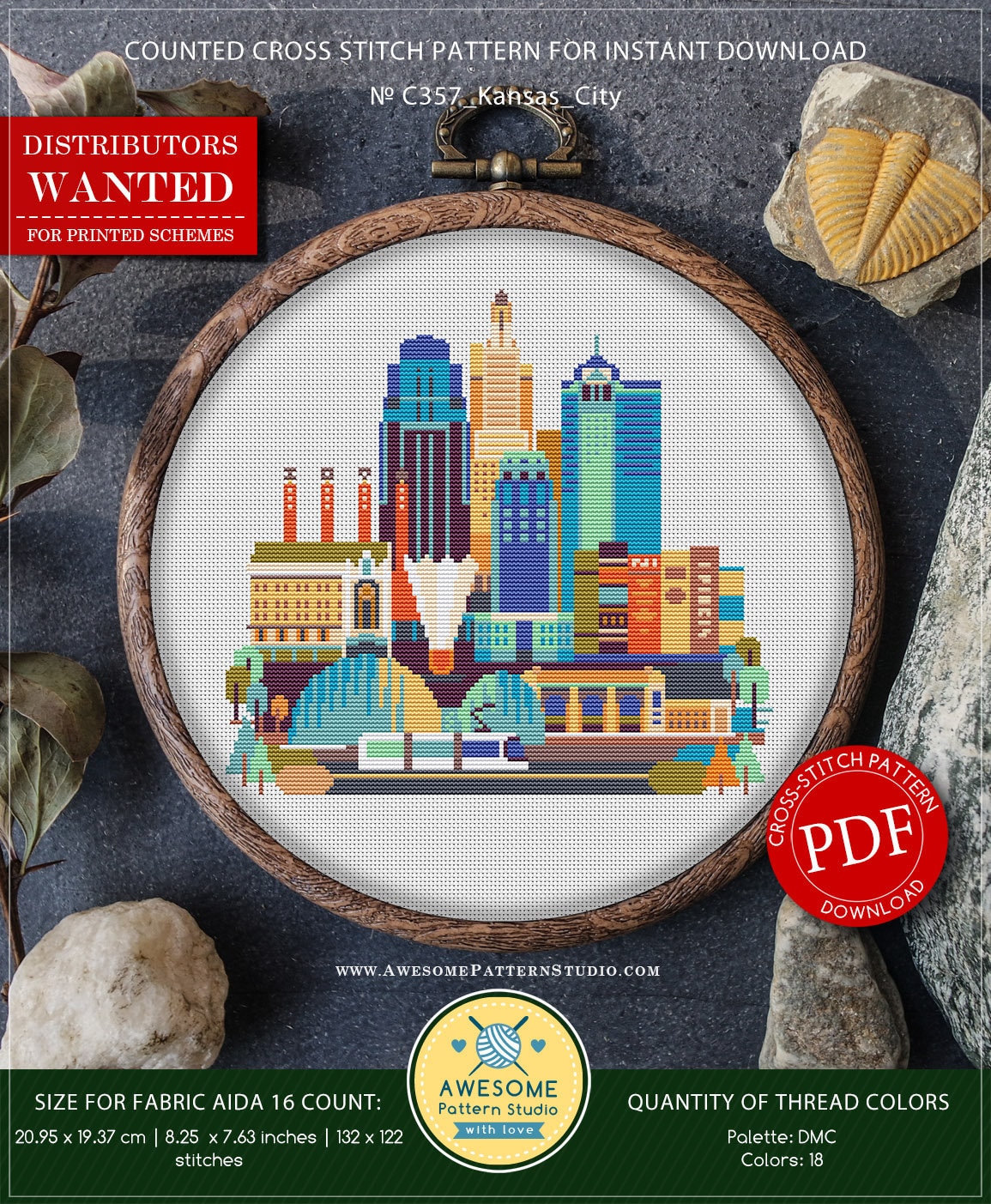 Kansas City #P357 Embroidery Cross Stitch Pattern Download | Cross Stitch Patterns | Embroidery Kits | Stitch Design | Embroidery Stitches