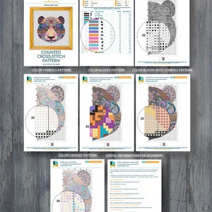May include: A digital PDF pattern for counted cross-stitch. The cover page features a framed, colorful bear design. Other pages include color charts, black and white symbols, color symbols, color blocks, and useful beginner information.