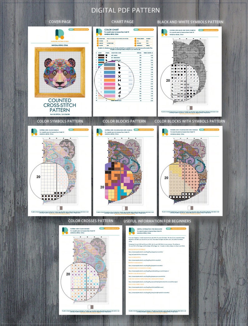 May include: A digital PDF pattern for counted cross-stitch. The cover page features a framed, colorful bear design. Other pages include color charts, black and white symbols, color symbols, color blocks, and useful beginner information.