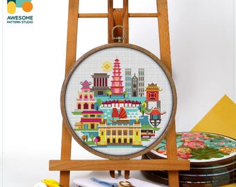 Hanoi, Vietnam, Asia Cross Stitch Pattern and Kit - Modern Cross Stitch Needlework Art Embroidery Sampler, CS927
