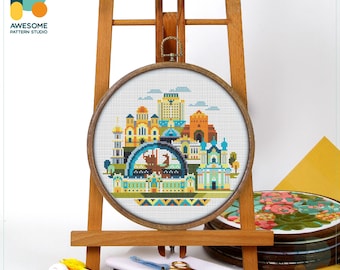 Kyiv, Ukraine, Europe Cross Stitch Pattern and Kit: Modern Embroidery Sampler, Needlework Art, CS931