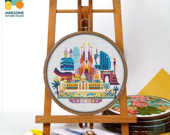 Barcelona, Spain, Europe Cross Stitch Pattern and Kit: Modern Needlework Art with PDF Pattern and Hand Embroidery Sampler, CS145