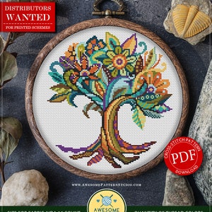 Puede incluir: Patrón de punto de cruz contado para descarga instantánea, con un diseño de árbol de la vida mandala colorido. El patrón está disponible en formato PDF y utiliza 18 colores DMC. El patrón tiene 103 x 112 puntos, o 16,35 x 17,78 cm.