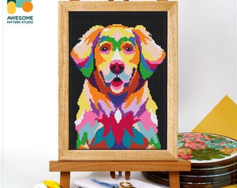 Colorful Dog Portrait Cross Stitch Pattern and Kit - Modern Needlework Art, PDF Pattern and Hoop Art, CS910