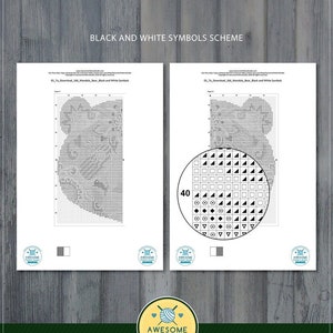 Op de afbeelding: Een zwart-wit mandala beren kruissteekpatroon met een symboolsleutel. Het patroon is voor een rond ontwerp van 40 steken. De tekst "Hoe het PDF-bestand eruitziet" en "Hoe het eruitziet" is opgenomen in de afbeelding.