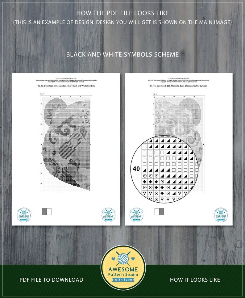 Op de afbeelding: Een zwart-wit mandala beren kruissteekpatroon met een symboolsleutel. Het patroon is voor een rond ontwerp van 40 steken. De tekst "Hoe het PDF-bestand eruitziet" en "Hoe het eruitziet" is opgenomen in de afbeelding.