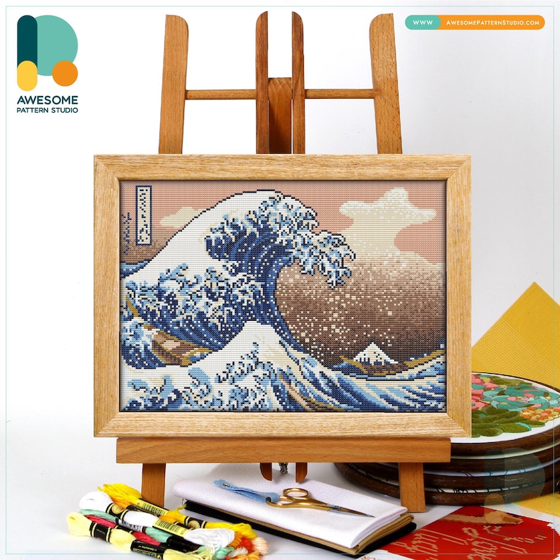 The Great Wave off By Kanagawa Katsushika Hokusai Cross Stitch Pattern and Kit by Hokusai - Modern Needlework Art and PDF Pattern, CS2203 CS2203-2(162 x 120)