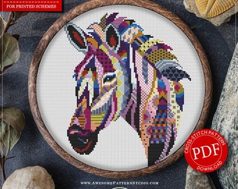 Puede incluir: Un patrón de punto de cruz contado para un diseño de cebra mandala colorido. El patrón está en un aro de bordado de madera y está listo para descargar instantáneamente como un archivo PDF. El patrón tiene 91 puntos de ancho por 112 puntos de alto y utiliza 19 colores de hilo DMC.